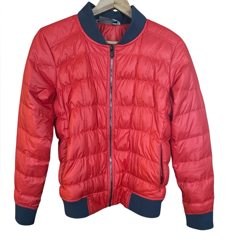 Athleta Dobby Goose Down Bomber Jacket Women’s Small Red Gray Puffer Crop READ